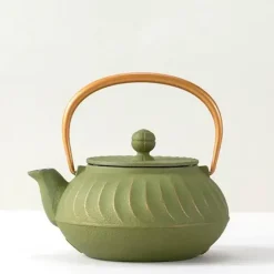 Cast Iron Teapot Olive Green Wave Gold Handle