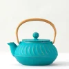 Cast Iron Teapot Teal Wave Gold Handle