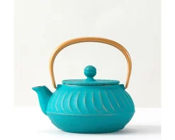 Cast Iron Teapot Teal Wave Gold Handle