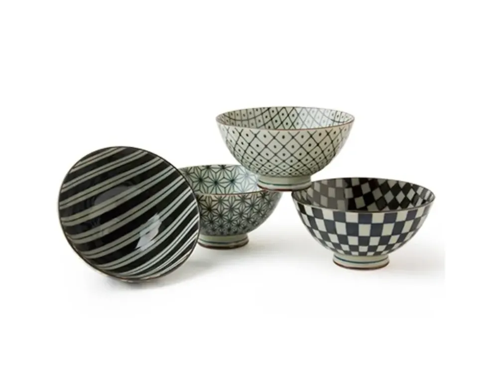 Retro Black & White 4.5" Rice Bowl Set