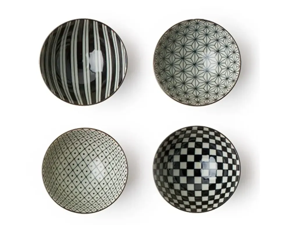 Retro Black & White 4.5" Rice Bowl Set