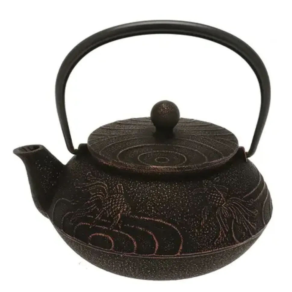 Teapot Cast Iron Copper Black Goldfish
