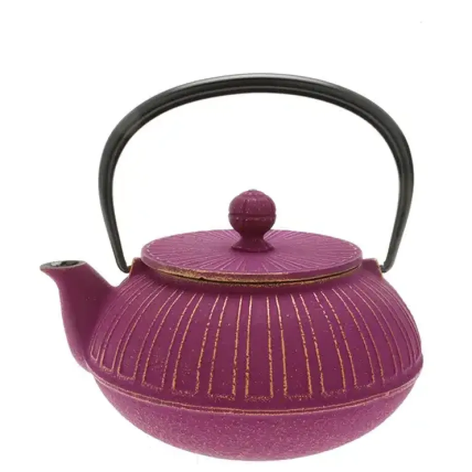 Teapot Cast Iron Gold Purple Chrysanthemum