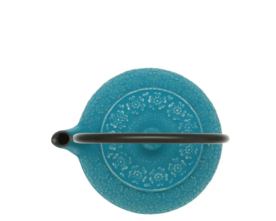 Teapot Cast Iron Silver Turquoise Sakura